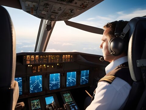 Pilot Navigating Airplane, Cockpit View, Sunset Sky, Flight Instruments