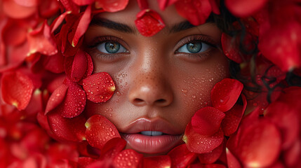 Captivating image a close up woman's face decorated with a flower petals.  Surrealistic artwork. The intricate details, and utilize soft lighting. The magical and dreamlike ambiance.