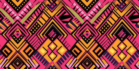 Geometric digital art vibrant. Pink ethnic wild and seamless pattern.