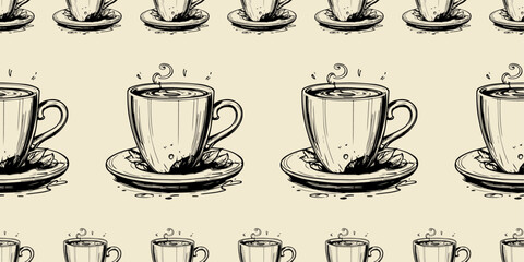 Drawn cups of coffee. Vectorcore wallpaper of coffee cups. Stylish pattern for a coffee shop.