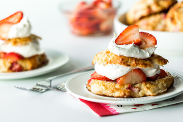 Homemade strawberry shortcakes, ready for eating.