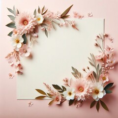 Obraz na płótnie Canvas Banner with flowers on light pink background. Greeting card template for Wedding, mothers or womans day. Springtime composition with copy space. Flat lay style