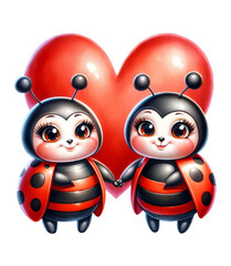 Fototapeta premium Cute Ladybug Couple with heart Watercolor Clipart on Transparent Background. Cute Ladybugs Valentine's Day Clipart.