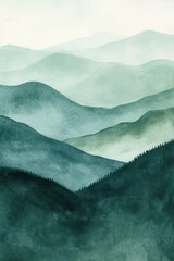 watercolor painting of blue mountains on textured paper, adorned with neutral muted colors and a captivating emerald green monochrome scheme