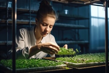 Fototapeta premium A worker in a micro green house examining green sprout. 