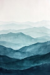 Blue mountain landscape in watercolor on textured paper, featuring neutral muted tones and a striking emerald green monochrome palette.
