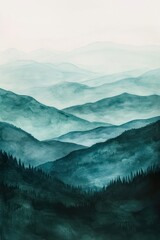 watercolor painting of blue mountains on textured paper, adorned with neutral muted colors and a captivating emerald green monochrome scheme - obrazy, fototapety, plakaty