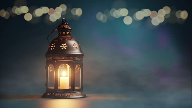 Islamic candle lantern at night with stars. Video of Ramadan Background with Shimmering Glittering Particles with Bokeh.