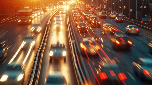The frenzied blur of headlights and taillights as cars weave between traffic on a bustling city highway