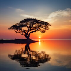 sunset on the lake with a tree beautiful landscape