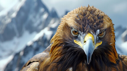 Naklejka premium Closeup of the determined expression on a golden eagles face as it rises above the snowcovered peaks a symbol of strength and freedom