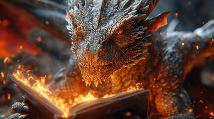 Fototapeta premium Sacred book and dragons with flame of fire backgrounds