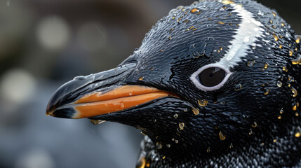 Closeup of a penguins beak coated in thick oil making it difficult to eat and causing respiratory issues - obrazy, fototapety, plakaty