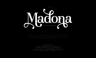Madona premium luxury elegant alphabet letters and numbers. Elegant wedding typography classic serif font decorative vintage retro. Creative vector illustration