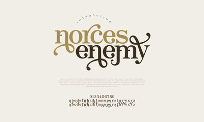 Norcesenemy  premium luxury elegant alphabet letters and numbers. Elegant wedding typography classic serif font decorative vintage retro. Creative vector illustration