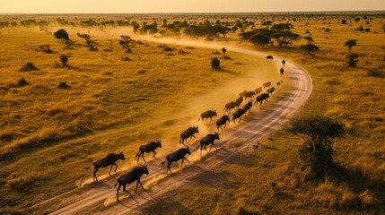 Fototapeta na wymiar aerial view background wild animals run to the pasture