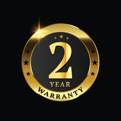 2 year warranty logo with golden shield and golden ribbon.Vector illustration.