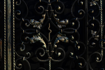 Finishing of metal gate in form of floral ornament. Topic - advertising background of forged metal...