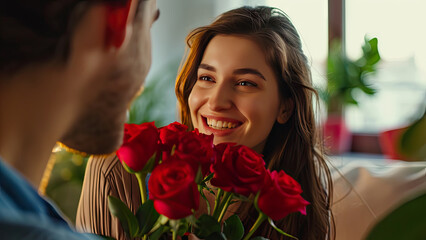 closeup a young man surprising his wife with a bunch of roses at home