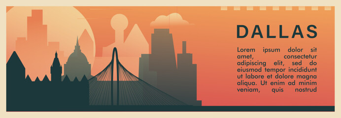 Dallas city brutalism vector banner with skyline, cityscape. USA Texas state retro horizontal illustration. US travel layout for web presentation, header, footer