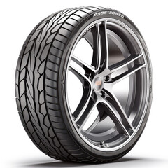 premium high-performance car tire with modern alloy wheel, isolated white background. ideal for automotive sales and service presentations