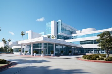State-of-the-Art Public Hospital Exterior, on an isolated Sky Blue background, Generative AI - obrazy, fototapety, plakaty