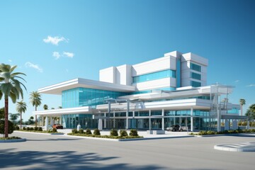 Fototapeta na wymiar State-of-the-Art Public Hospital Exterior, on an isolated Sky Blue background, Generative AI