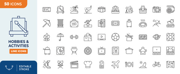 Hobbies & activities Line Editable Icons set. Contais icons related of Activities favorite : travelling, sports activities, shopping, cooking, filmmaking, and more. Vector illustration