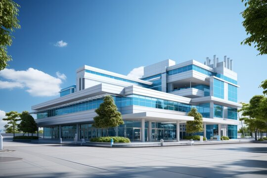 State-of-the-Art Public Hospital Exterior, on an isolated Sky Blue background, Generative AI