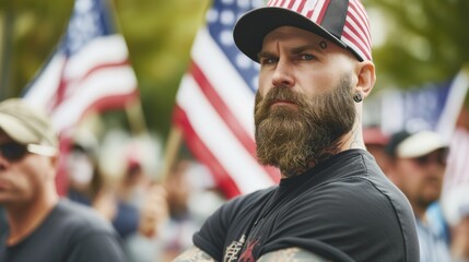 Serious white supremacist male activist protesting outdoors with group of demonstrators in the background