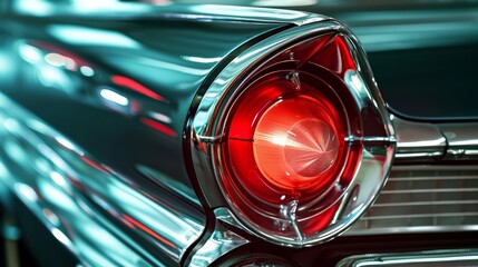 A closeup of the tail light of a clic car its chrome bezel and retro design reflecting the...