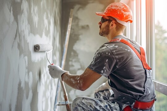 professional painter Applying a roller to paint the walls of the house. Home renovation concept