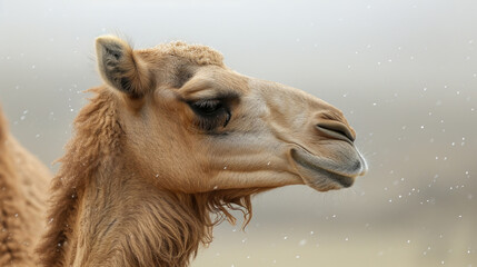 Obraz premium Closeup of a dromedarys long elegant neck as it bends to face away from the wind its lashes fluttering and protecting its face from the blowing sand