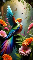 Bird in colorful floral paradise