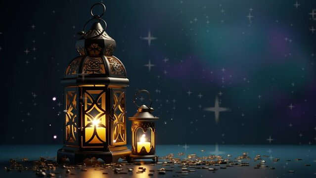 Islamic candle lantern at night with stars. Video of Ramadan Background with Shimmering Glittering Particles and Bokeh