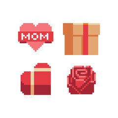 Valentines day icons, gift box, rose, mom heart. Pixel art. Happy Women day holiday banner, 8 March celebration. Greeting postcard element with number eight symbol. Isolated vector illustration.