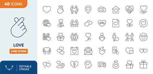 Love Editable Icons Set. Vector illustration in thin line style of romantic icons: Heart, couple, romantic and more. Editable stroke. Vector illustration