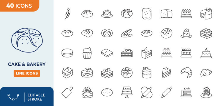 Cake & bakery Line Editable Icons set. cake, bread, cookies and more. Editable stroke. Vector illustration