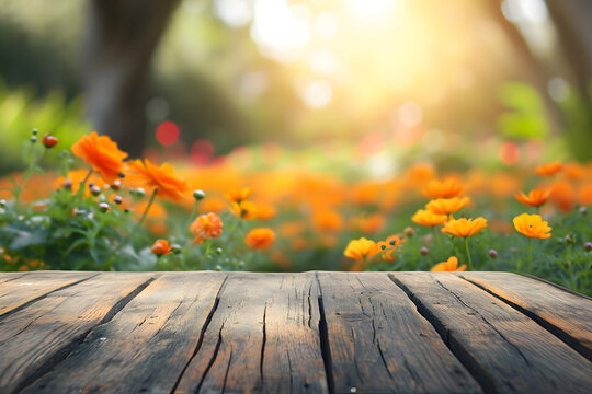Empty wood table with orange flower background.