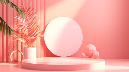 Pink Room With Plant and White Vase, Simple, Elegant Home Decor. Podium background for product mockup