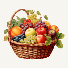 artistic illustration of a wicker basket brimming with colorful fresh fruits, isolated white background. suitable for cookbook imagery and nutritional education