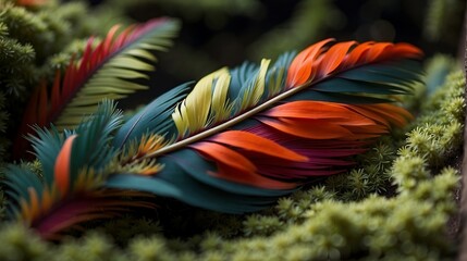 A breathtakingly beautiful single perrot feather, with intricate patterns and vibrant colors, resting on a bed of soft, velvety moss.