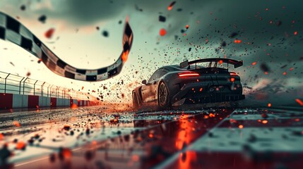 The determined expression of a racer as they break through the checkered flag marking the end of an era and the beginning of a new chapter - obrazy, fototapety, plakaty