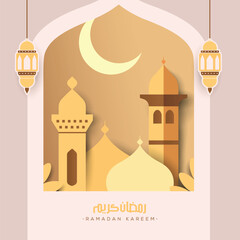 Ramadan Kareem islamic greeting banner background with arabic and latin typography line mosque and crescent illustration - Translation of text : May Generosity Bless you during the holy month