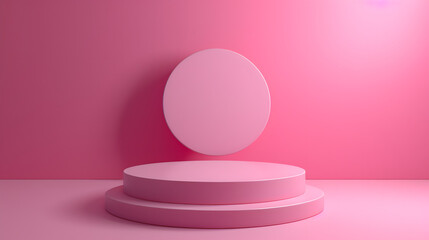 Round Object Resting on Pink Surface, A Simple yet Striking Composition. Podium background for product mockup