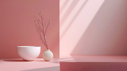 Two White Vases on Pink Surface - Simplistic Home Decor. Podium background for product mockup