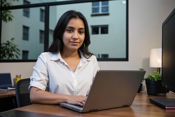 Naklejka premium a young professional worker at an office working on laptop as a graphic designer, programmer or developer