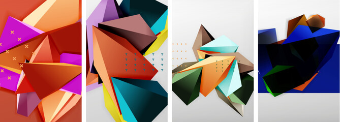 Trendy low poly 3d triangle shapes and other geometric elements background designs for wallpaper, business card, cover, poster, banner, brochure, header, website