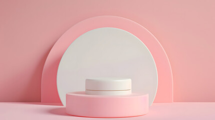 White Container on Pink Table in a Simple and Elegant Setting. Podium background for product mockup
