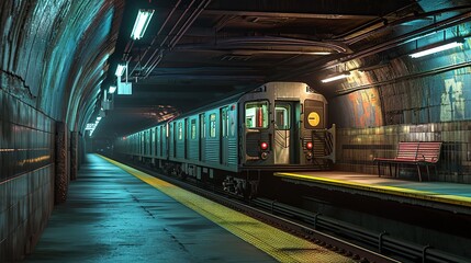 subway train in subway underground. Nobody at train station in the night, copy space for text. - obrazy, fototapety, plakaty